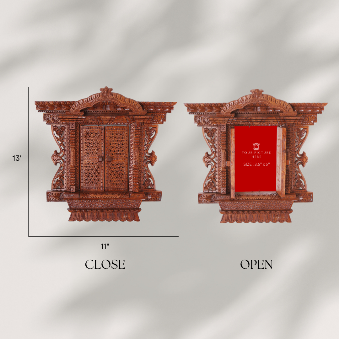 Detailed dimensions of the Kumari Jhyal handcrafted wooden frame with open/close doors, ideal for cultural wall displays.