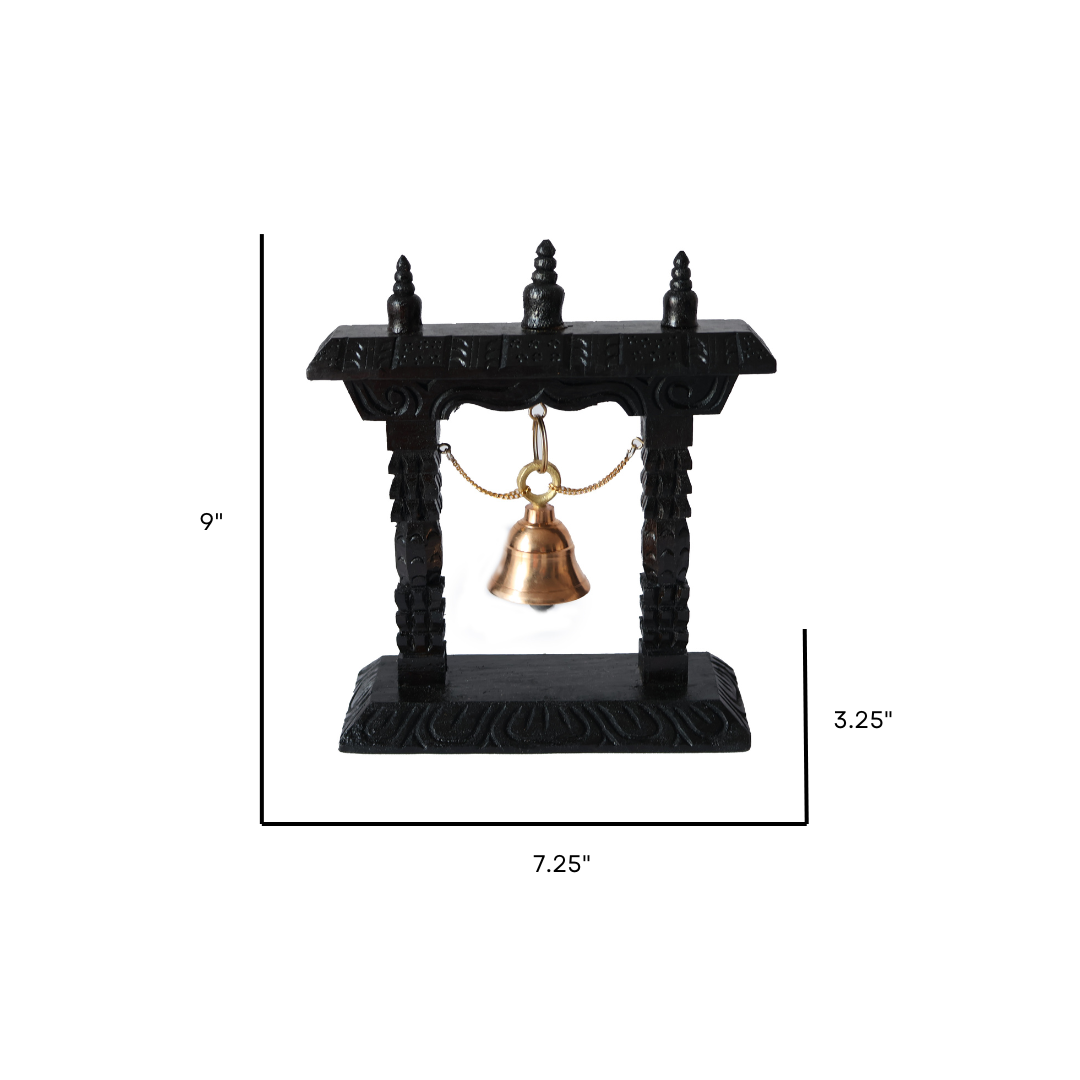 Detailed dimensions of the Timeless Artisan Hanging Bell, showcasing its size, intricate woodwork, and elegant brass bell.