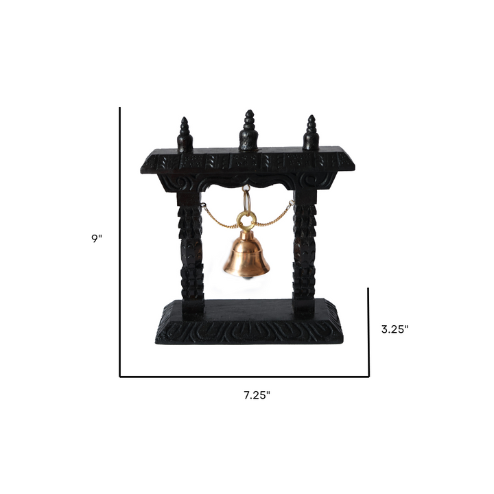 Detailed dimensions of the Timeless Artisan Hanging Bell, showcasing its size, intricate woodwork, and elegant brass bell.