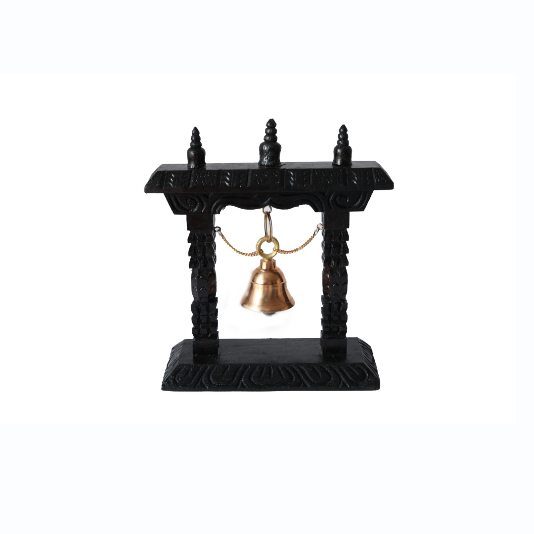 Timeless Artisan Hanging Bell with a brass chime and handcrafted wooden frame, inspired by Nepalese temple carvings.