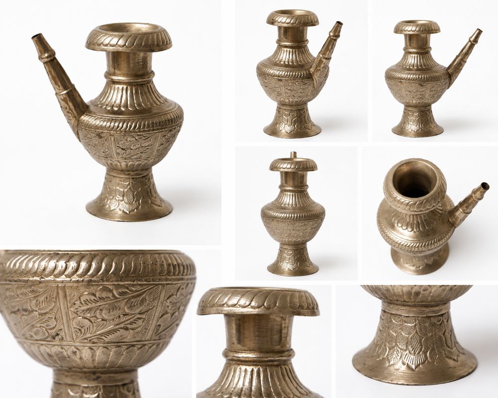 uplose picture of Vintage Nepalese Silver-Plated Karuwa (करुवा) – Handcrafted Ceremonial Vessel