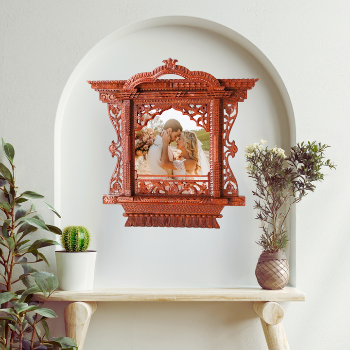 Handcrafted Royal Kumari Window wooden frame displaying a wedding couple, perfect for preserving cherished wedding memories with Nepalese artistry.