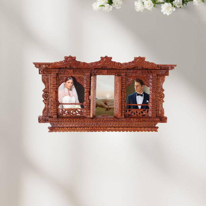 andcrafted Sacred Window Trilogy wooden frame displaying a wedding couple, ideal for wedding keepsakes and heritage-inspired décor.